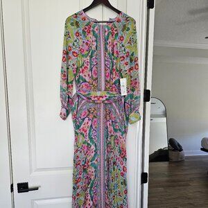 Teri Jon Patchwork Chiffon Pleated Maxi Gown | Pink Multi | Size 16 | Wedding Gu